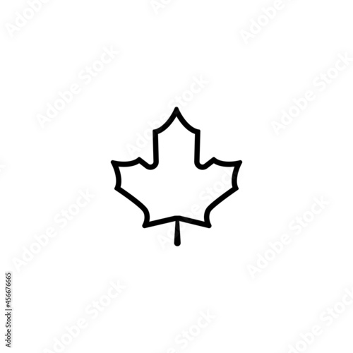 Black line maple leaf with little stem. Vector icon. Isolated on white. Autumn single leaf silhouette. Canada
