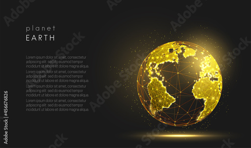 Abstract low poly style golden planet earth
