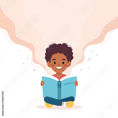Boy reading a book. Cute vector illustration concept in cartoon style