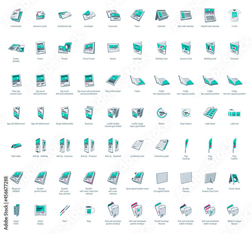 Set of vector printing icons. Brochure, business card, flyer, magazine, postcard, poster, banner, rollup, sticker, mug, folder, other print shop products. Promotion print advertising materials. 