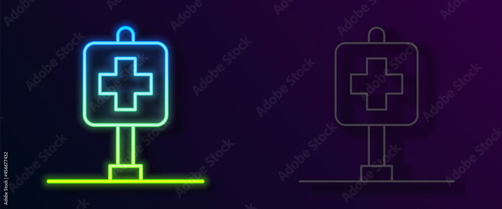 Glowing neon line Medical map pointer with cross hospital icon isolated on black background. Vector