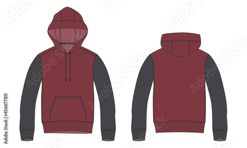Long sleeve two tone Red, Black Hoodie technical fashion Flat sketch Vector template. Apparel dress design vector illustration Drawing mock up jacket CAD. Cotton fleece jersey Hoodie Clothing design.
