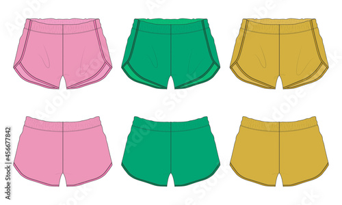 Set of collection Multi color Short pants overall technical fashion flat sketch Vector illustration template of men's and women's. Apparel cotton fabric sport shorts Pink, Green, Yellow color mock up.