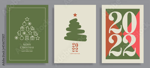Set of winter holidays greeting cards with decorative Christmas trees and figures. Merry Christmas and Happy New Year. Elegant template for postcards, invitations, posters, banners.