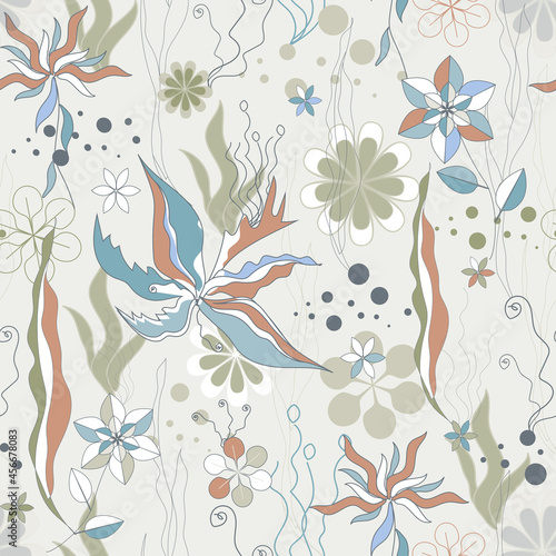 Fantastic flowers seamless pattern, folklore vector floral background for fabric and textile.