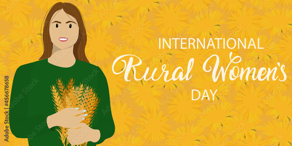 Rural womens day banner. Farm woman in a field holding spikelets of ...