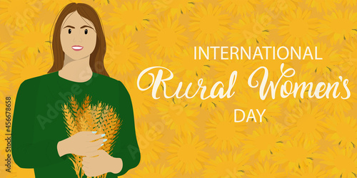 Rural womens day banner. Farm woman in a field holding spikelets of wheat. Woman farmer event vector illustration.