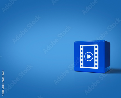 3d rendering, illustration of play button with movie icon on block cubes on light blue background, Business cinema online concept