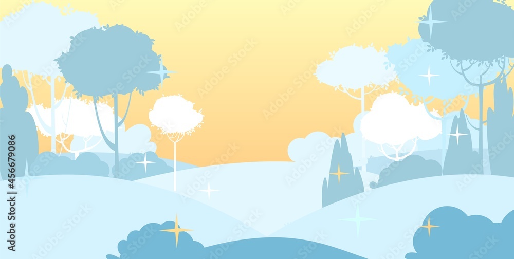 Fototapeta premium Rural winter. Snowy beautiful landscape. Sunset. Cartoon style. Snowdrifts. Hills and trees. Snow. Frosty cold. Romantic beauty. Flat design illustration. Vector art