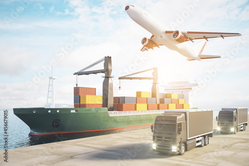 Contemporary airplane, ship and trucks with cargo in sunlight. Delivery, storage and logistics concept. 3D Rendering.
