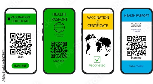 Vaccination passport. Qr-code on the screen of a mobile phone. Health certificate. Document on immunization and immunity from covid-19. Smartphone application. Abroad pass. Vector illustration.
