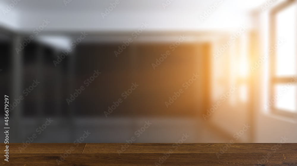 Fototapeta premium Background with empty table. Flooring. Elegant office interior. Mixed media. 3D rendering.. Blank room.