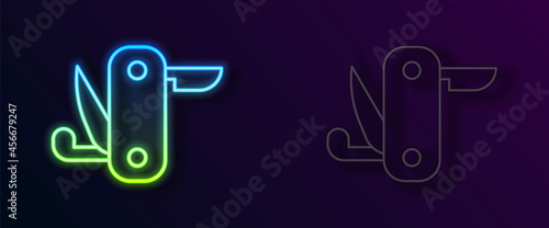 Glowing neon line Swiss army knife icon isolated on black background. Multi-tool, multipurpose penknife. Multifunctional tool. Vector