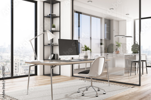 Foto Empty computer monitor in creative modern daylight office studio interior with glass partition and window with city view, wooden flooring