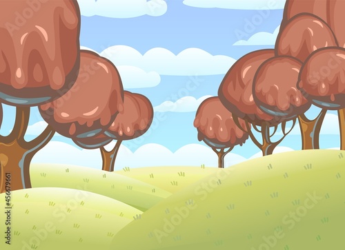 Chocolate trees landscape. Fairy tale garden. Summer fantasy scene. Perspiration. Cartoon style. Childrens dream illustration. Vector