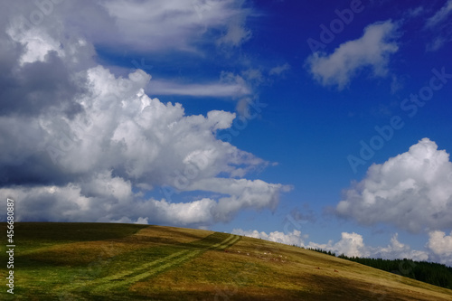 wonderful hilly mountain landscape with cows on clouds on the blue sky