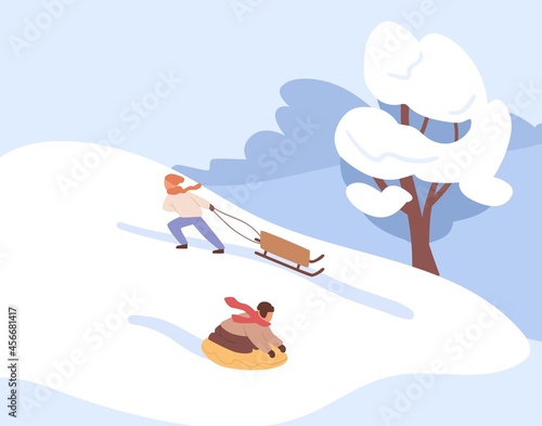 Kids sliding on tube and sledge down the hill on winter holiday. Children riding sleds on slope covered with snow in cold snowy weather in December. Boys having fun in frost. Flat vector illustration