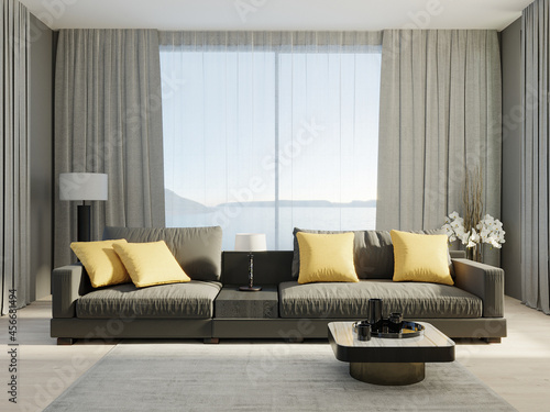 Dark sofa with bright yellow pillows and window with grey curtains ,living room interior mockup, 3d rendering
 photo