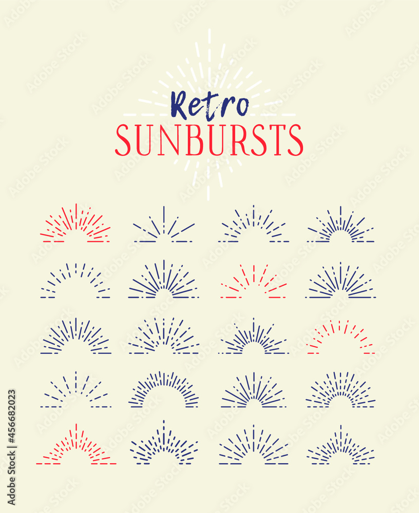 Obraz premium Set of Vintage Sunbursts in Different Shapes. Trendy Hand Drawn Retro Bursting Rays Design Elements. Hipster Vector illustration