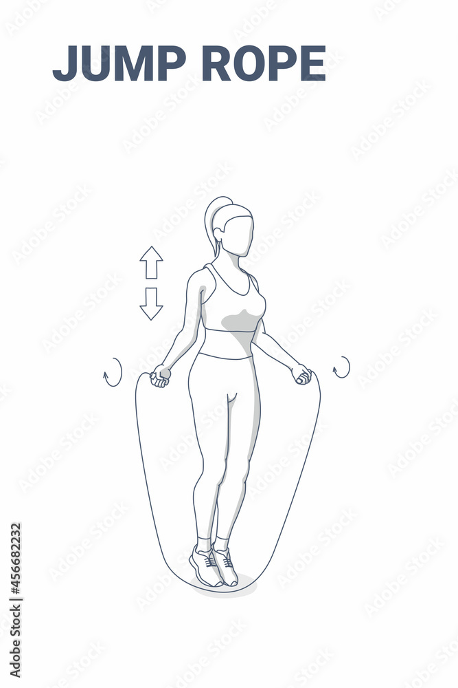 Woman Doing Jump Rope Exercise Fitness Home Workout Guidance Illustration. Girl  Skipping Rope. Stock Vector
