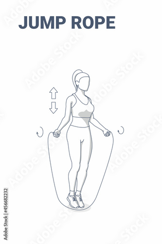 Woman Doing Jump Rope Exercise Fitness Home Workout Guidance Illustration. Girl Skipping Rope.