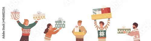 Happy people with Christmas gifts. Set of merry man and woman holding and carrying wrapped New Year present boxes. Giftboxes for winter holidays. Flat vector illustration isolated on white background
