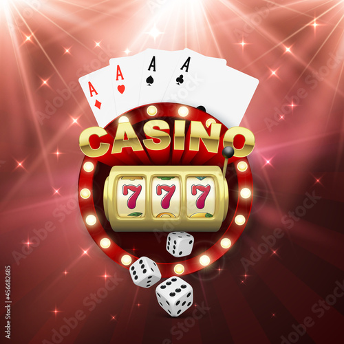 Casino banner with slot machine four aces and dice. Win jeckpot. Play game and win. Vector photo