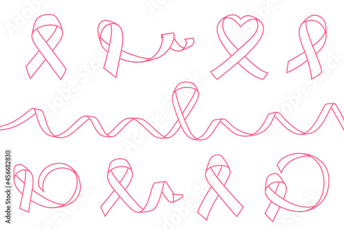 Big set of pink ribbons isolated over white background. Symbol of breast cancer awareness month in october. Vector illustration.