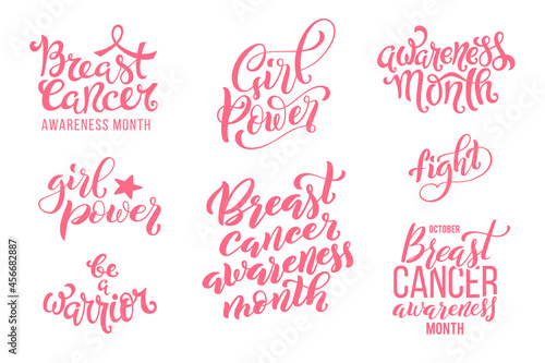 Big set of lettering for t-shirts, posters and wall art. Feminist sign handwritten, girl power, fight, be a warrior. Template tagline for breast cancer awareness month in october. Vector illustration.