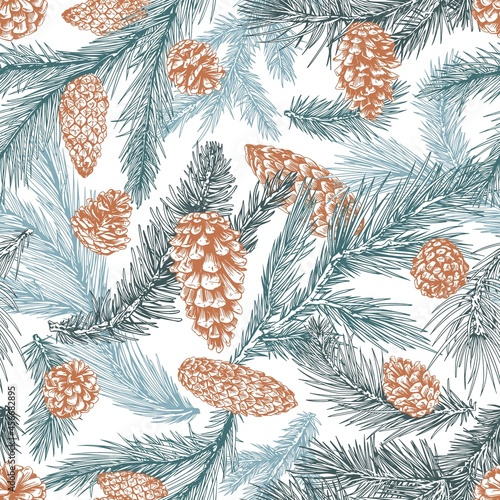 Seamless pattern with Christmas fir tree branches. Repeating botanical background with coniferous needles, pine and spruce cones. Vintage detailed winter texture. Hand-drawn vector illustration