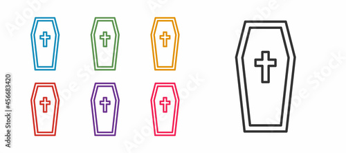 Set line Coffin with christian cross icon isolated on white background. Happy Halloween party. Set icons colorful. Vector