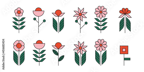 Set abstract flowers in scandinavian style, floral icons outline