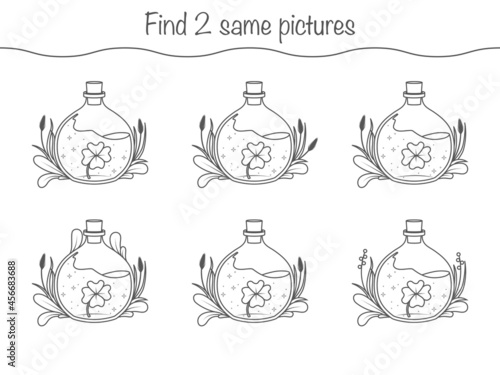 Find the same pictures - children educational game with magic bottles with witch's potion. Vector illustration