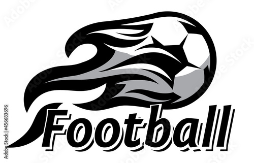 Template with soccer ball and flames and inscription. Element for design. Monochrome vector illustration