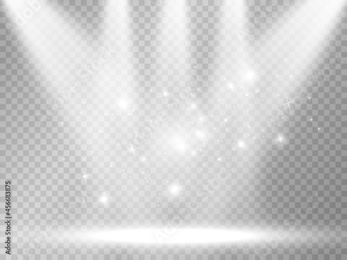 Vector light sources, concert lighting, spotlights set. Concert spotlight with beam, illuminated spotlights for web design illustration.
