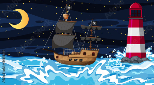 Ocean with Pirate ship at night scene in cartoon style