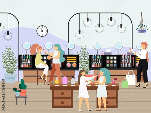Cosmetics store. Happy women shopping for makeup and perfumes, flat vector illustration. Beauty and fragrance retail.