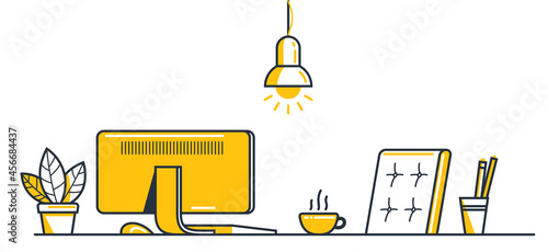 Place of work office table desk vector flat illustration isolated over white, work from home comfortable work space concept, empty chair nobody vacant job concept.