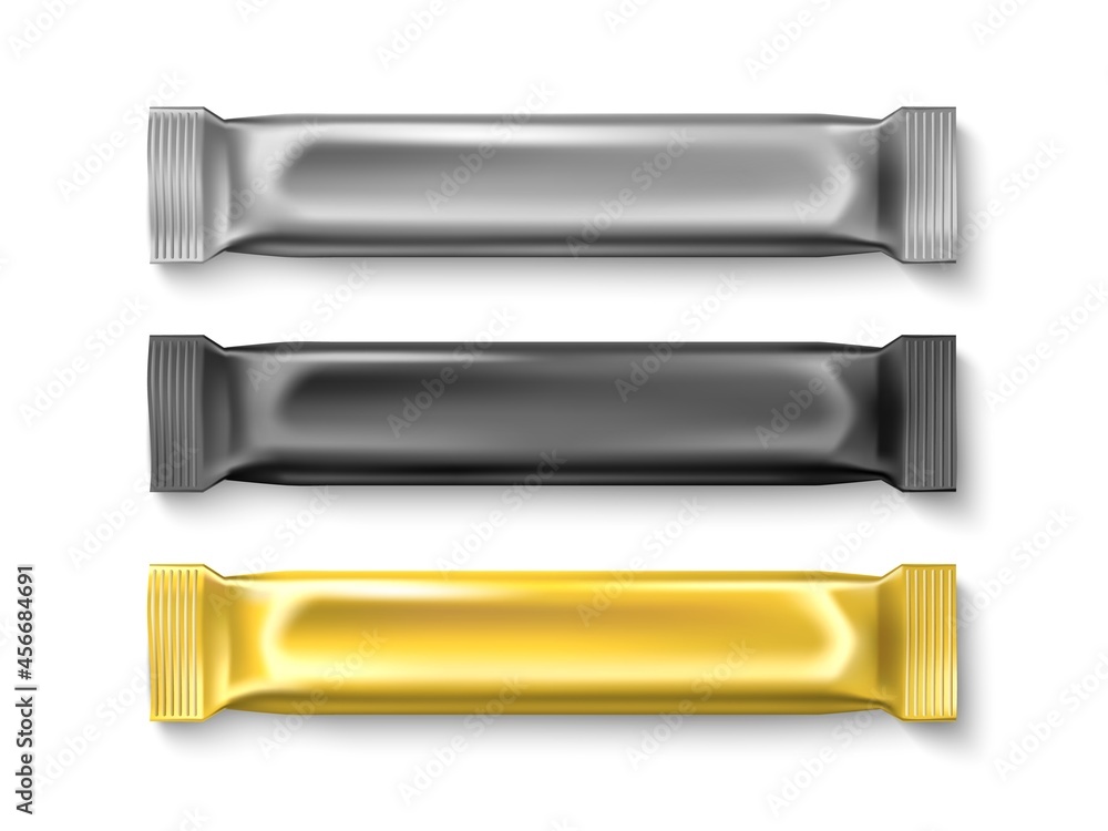 Candy stick packaging. Sugar products foil wrappers, golden, silver, black product, realistic blank sweet bars metallic mockup. Vector set Candy stick packaging. Sugar products foil wrappers, golden, silver, black product, realistic blank sweet bars metallic mockup. Vector set