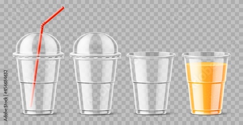 Plastic cup. Realistic takeaway transparent drinks container in different states, empty and full, open and closed, orange juice. Vector set