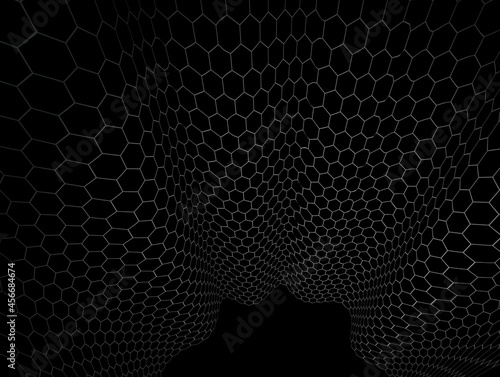 Technology vector abstract background with hexagons mesh, 3D abstraction of nanotechnology and science, electronics and digital style, wire net dimensional perspective.