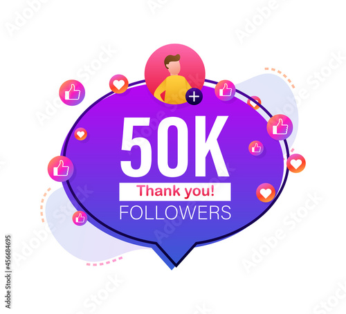 Thank you 50000 followers numbers. Flat style banner. Congratulating multicolored thanks image for net friends likes. Vector illustration.