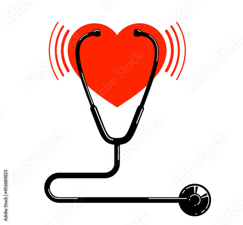 Stethoscope with heart vector simple icon isolated over white background, cardiology theme illustration or logo.