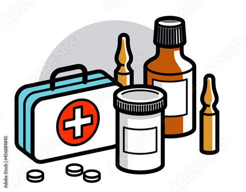 Medicine first aid medical kit theme pills and bottles 3d vector illustration isolated, medicaments and drugs, health care meds cartoon, vitamins or antibiotics, simple linear design.