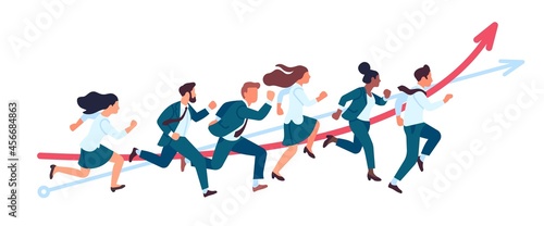 Business people run. Teamwork running competitions, office persons in race for success, professionals participate marathon, vector concept