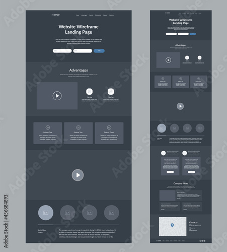 Landing page design. Dark site wireframe layout interface.