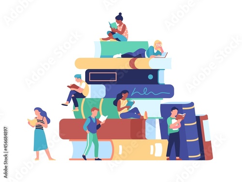 Tiny people read books. Large stack of literature and little readers around, campus library, students preparing for exams, vector concept