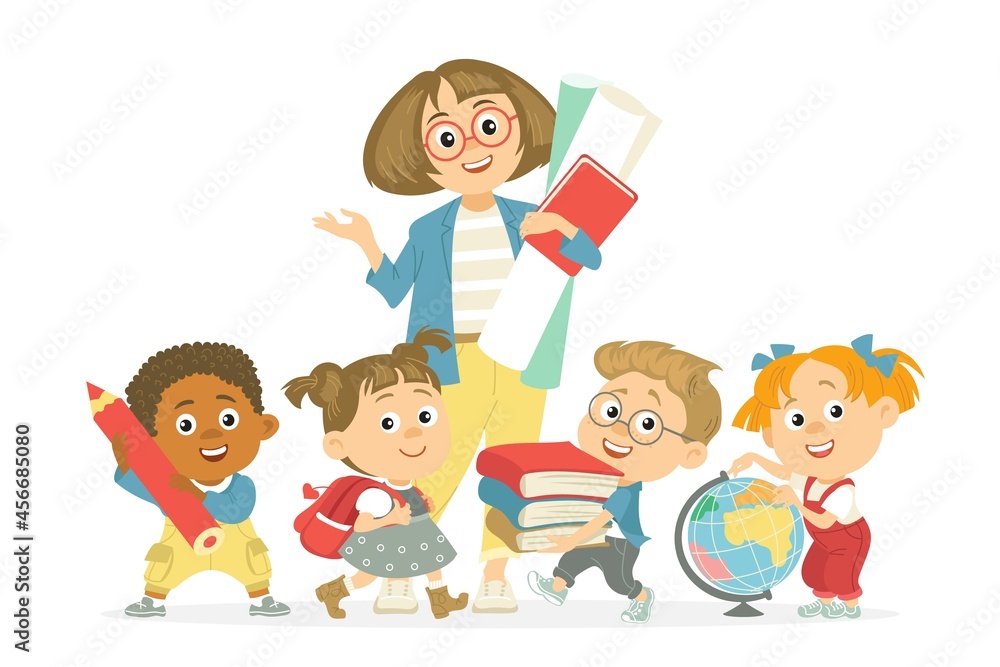 Students with teacher. Kids with pedagogue, woman surrounded by children with flowers bouquet, primary pupils characters, vector concept