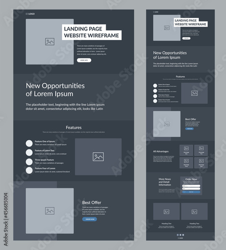 Website template design. Dark landing page site wireframe. One page site layout interface for your company. photo