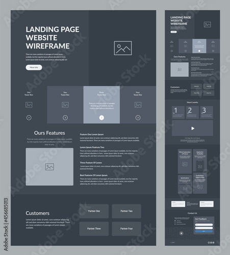 Website template design. Dark landing page site wireframe. One page site layout interface for your company.